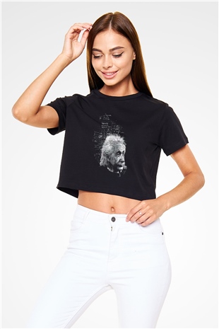 Albert Einstein Kuantum Mekaniği Baskılı Siyah Kadın Crop Top Tişört