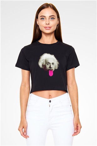 Albert Einstein Pembe Dil Baskılı Siyah Kadın Crop Top Tişört