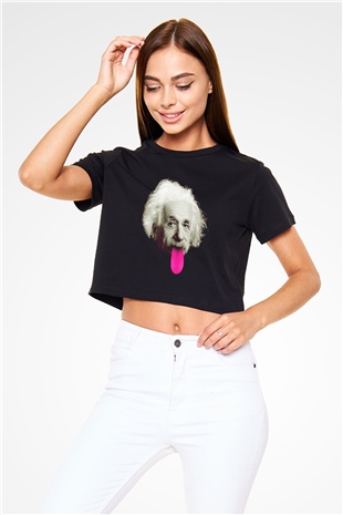 Albert Einstein Pembe Dil Baskılı Siyah Kadın Crop Top Tişört