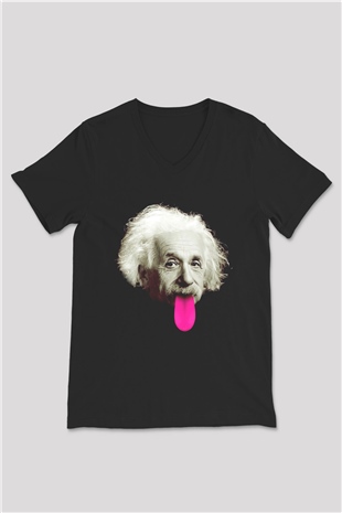 Albert Einstein Pembe Dil Baskılı Unisex Siyah V Yaka Tişört