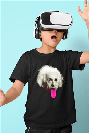 Albert Einstein Pembe Dil Baskılı Unisex Siyah Çocuk Tişört