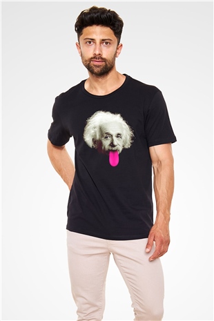 Albert Einstein Pembe Dil Baskılı Unisex Siyah Tişört