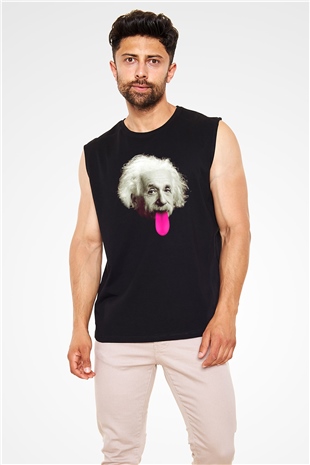 Albert Einstein Pembe Dil Baskılı Unisex Siyah Kolsuz Tişört