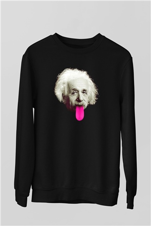 Albert Einstein Pembe Dil Baskılı Unisex Siyah Sweatshirt