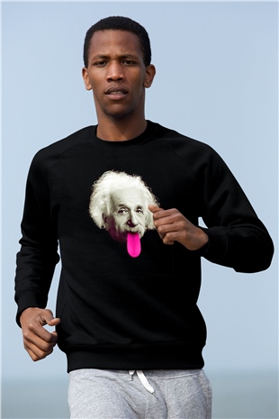 Albert Einstein Pembe Dil Baskılı Unisex Siyah Sweatshirt