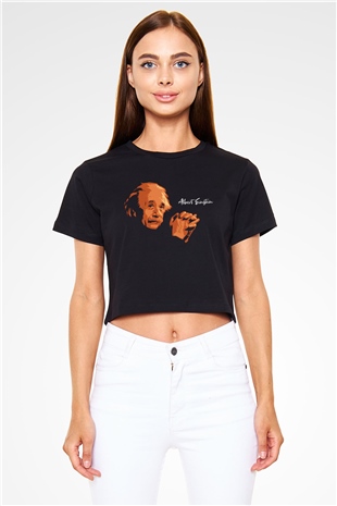 Albert Einstein Portre Baskılı Siyah Kadın Crop Top Tişört