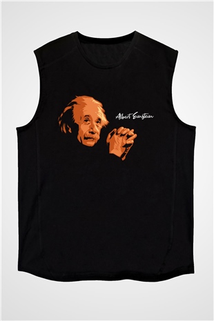 Albert Einstein Portre Baskılı Unisex Siyah Kolsuz Tişört