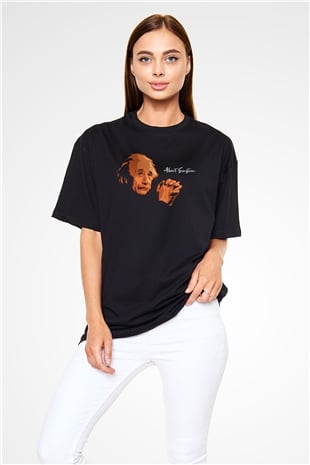 Albert Einstein Portre Baskılı Unisex Siyah Oversize Tişört