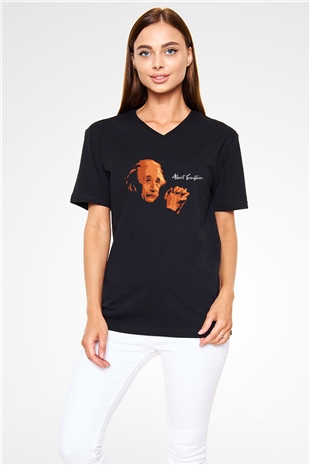 Albert Einstein Portre Baskılı Unisex Siyah V Yaka Tişört