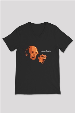 Albert Einstein Portre Baskılı Unisex Siyah V Yaka Tişört