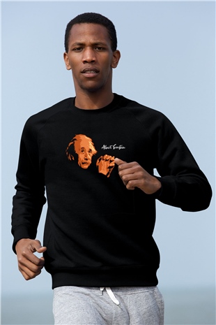 Albert Einstein Portre Baskılı Unisex Siyah Sweatshirt