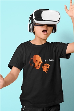 Albert Einstein Portre Baskılı Unisex Siyah Çocuk Tişört