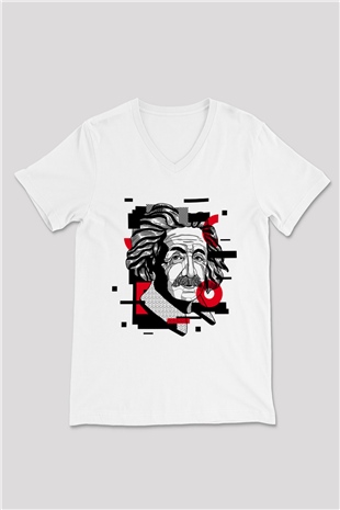 Albert Einstein Renkli Portre Baskılı Unisex Beyaz V Yaka Tişört