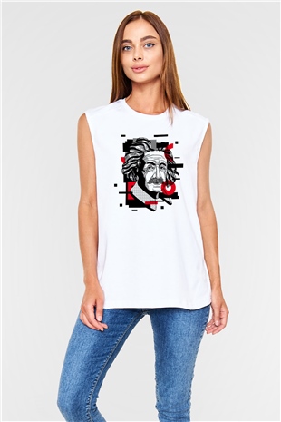 Albert Einstein Renkli Portre Baskılı Unisex Beyaz Kolsuz Tişört