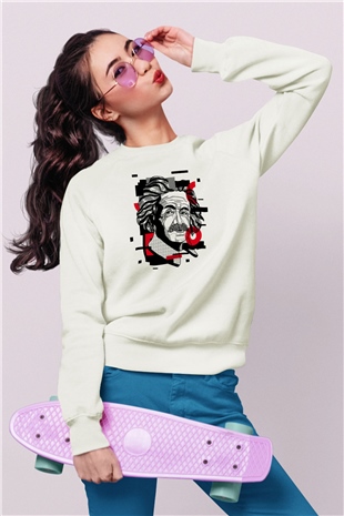 Albert Einstein Renkli Portre Baskılı Unisex Beyaz Sweatshirt