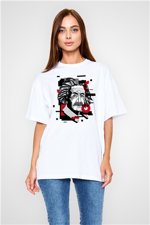 Albert Einstein Renkli Portre Baskılı Unisex Beyaz Oversize Tişört