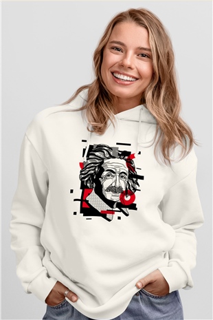 Albert Einstein Renkli Portre Baskılı Unisex Beyaz Hoodie