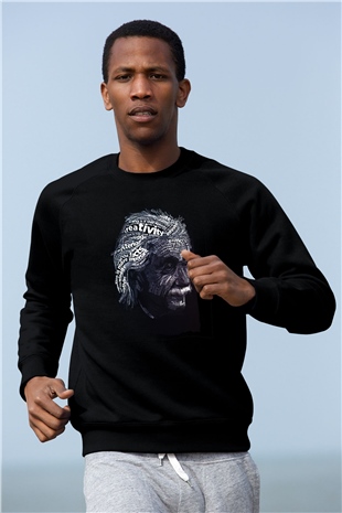 Albert Einstein Sanatsal Portre Baskılı Unisex Siyah Sweatshirt