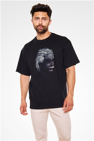 Albert Einstein Sanatsal Portre Baskılı Unisex Siyah Oversize Tişört