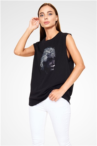 Albert Einstein Sanatsal Portre Baskılı Unisex Siyah Kolsuz Tişört