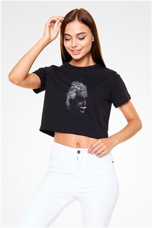 Albert Einstein Sanatsal Portre Baskılı Siyah Kadın Crop Top Tişört