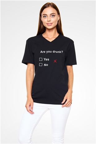 Alkol Siyah Unisex V Yaka Tişört T-Shirt