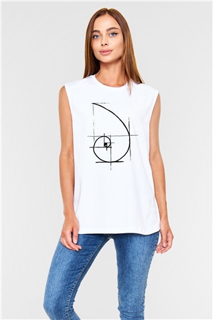 Altın Oran Fibonacci Spirali Baskılı Unisex Beyaz Kolsuz Tişört