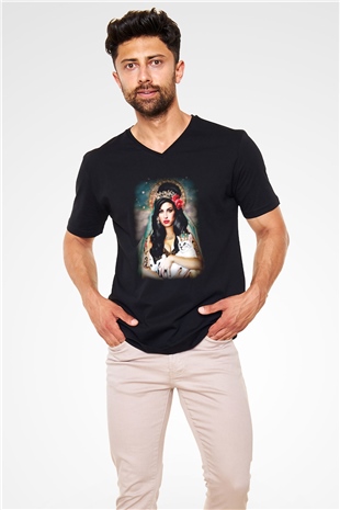 Amy Winehouse Siyah Unisex V Yaka Tişört T-Shirt