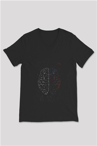 Analitik Ve Sezgisel Beyin Lobları Baskılı Unisex Siyah V Yaka Tişört