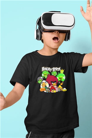 Angry Birds Baskılı Siyah Unisex Çocuk Tişört