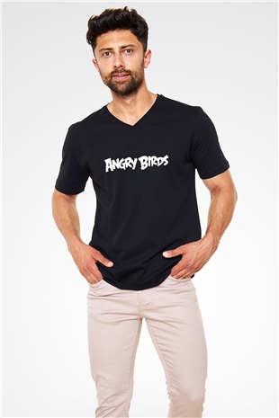 Angry Birds Siyah Unisex V Yaka Tişört T-Shirt