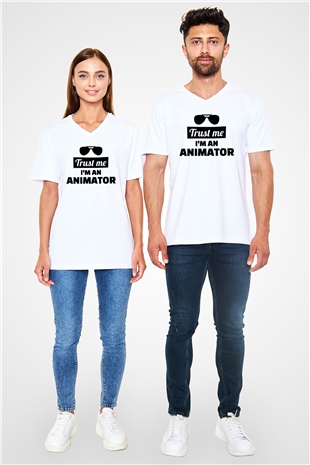Animatör Beyaz Unisex V Yaka Tişört