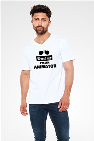 Animatör Beyaz Unisex V Yaka Tişört