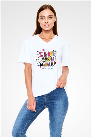 Anneler Günü Beyaz Unisex V Yaka Tişört T-Shirt