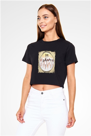 AOA Baskılı Siyah Kadın Crop Top Tişört