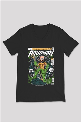 Aquaman Baskılı Unisex Siyah V Yaka Tişört