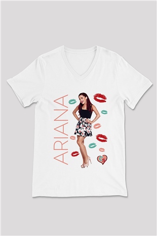 Ariana Grande Beyaz Unisex V Yaka Tişört T-Shirt