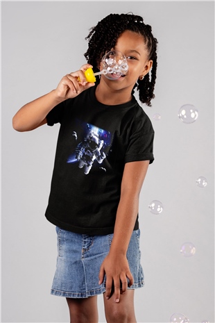 Asteroit Baskılı Siyah Unisex Çocuk Tişört