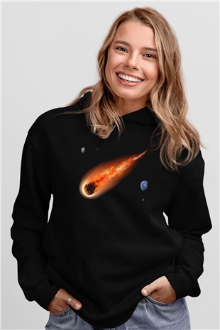 Asteroit Siyah Unisex Kapüşonlu Sweatshirt