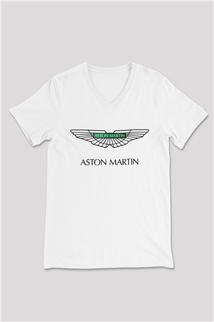 Aston Martin Beyaz Unisex V Yaka Tişört T-Shirt
