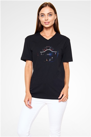 Audi Siyah Unisex V Yaka Tişört T-Shirt