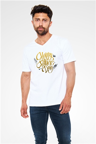 Babalar Günü Beyaz Unisex V Yaka Tişört T-Shirt