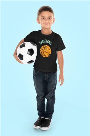 Basketbol Baskılı Siyah Unisex Çocuk Tişört