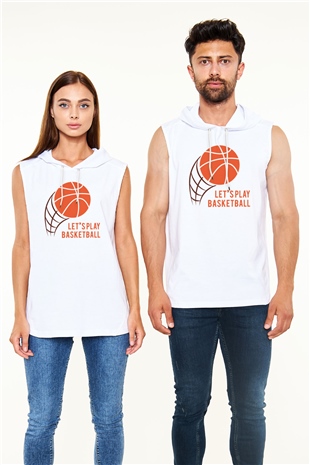 Basketbol Beyaz Unisex Kapüşonlu Kolsuz Tişört