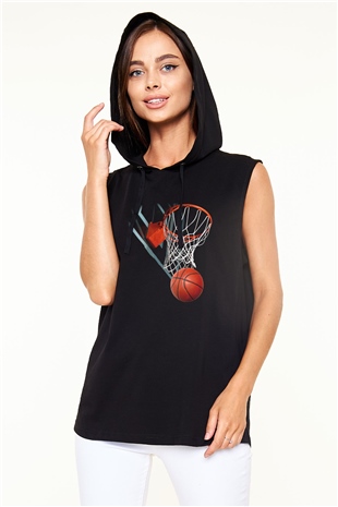 Basketbol Siyah Unisex Kapüşonlu Kolsuz Tişört