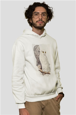 Baykuş Beyaz Unisex Kapüşonlu Sweatshirt