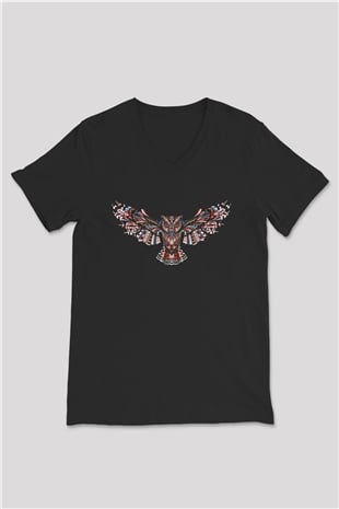 Baykuş Siyah Unisex V Yaka Tişört T-Shirt