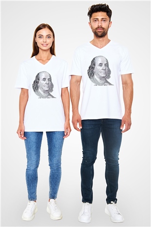 Benjamin Franklin Beyaz Unisex V Yaka Tişört