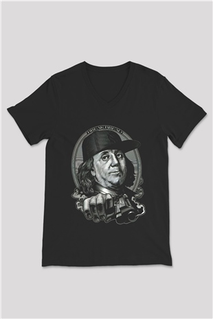 Benjamin Franklin Siyah Unisex V Yaka Tişört