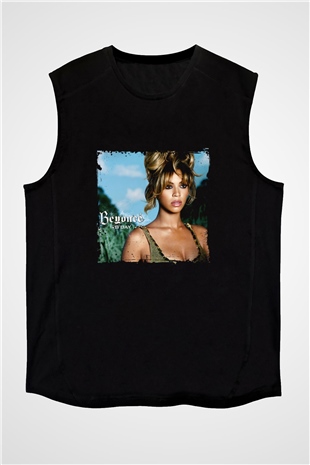 Beyonce Baskılı Unisex Siyah Kolsuz Tişört